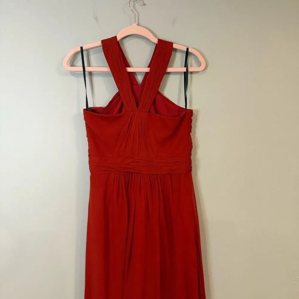 Bebe bright red flowy maxi dress‎ with unique halter top and gathered waist